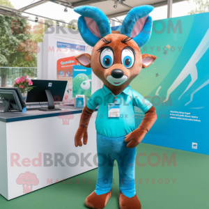 Turquoise Roe Deer mascot costume character dressed with a Polo Shirt and Hairpins