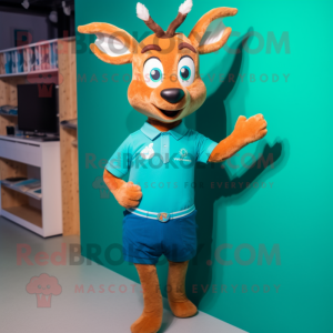 Turquoise Roe Deer mascot costume character dressed with a Polo Shirt and Hairpins