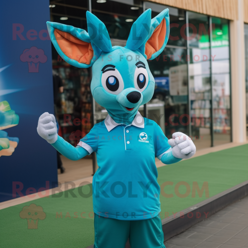 Turquoise Roe Deer mascot costume character dressed with a Polo Shirt and Hairpins