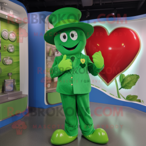 Green Heart mascot costume character dressed with a Jumpsuit and Hat pins