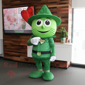 Green Heart mascot costume character dressed with a Jumpsuit and Hat pins