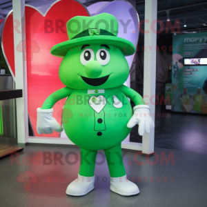 Green Heart mascot costume character dressed with a Jumpsuit and Hat pins