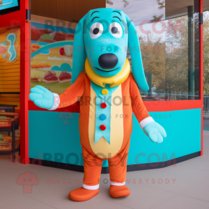 Turquoise Hot Dog mascot costume character dressed with a Suit and Headbands