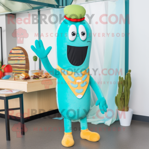Turquoise Hot Dog mascot costume character dressed with a Suit and Headbands