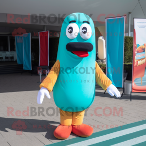 Turquoise Hot Dog mascot costume character dressed with a Suit and Headbands