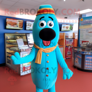 Turquoise Hot Dog mascot costume character dressed with a Suit and Headbands