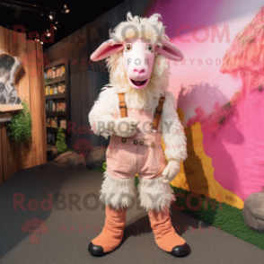 Pink Angora Goat mascot costume character dressed with a Corduroy Pants and Belts