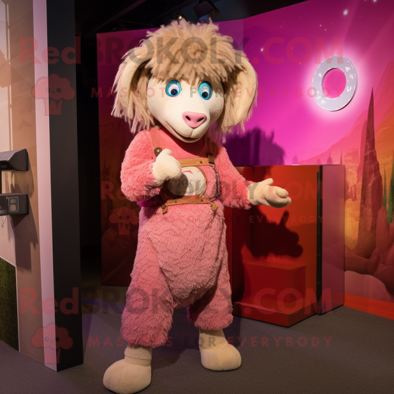 Pink Angora Goat mascot costume character dressed with a Corduroy Pants and Belts Pink Angora Goat mascot costume character dressed with a Corduroy Pants and Belts
