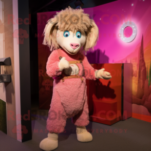 Pink Angora Goat mascot costume character dressed with a Corduroy Pants and Belts