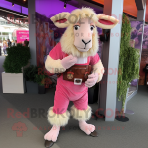 Pink Angora Goat mascot costume character dressed with a Corduroy Pants and Belts