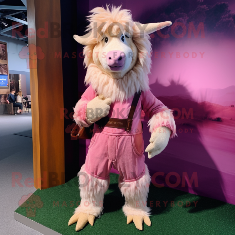 Pink Angora Goat mascot costume character dressed with a Corduroy Pants and Belts