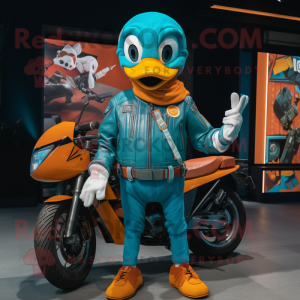 Teal Mandarin mascot costume character dressed with a Moto Jacket and Wraps