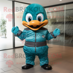 Teal Mandarin mascot costume character dressed with a Moto Jacket and Wraps