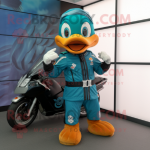 Teal Mandarin mascot costume character dressed with a Moto Jacket and Wraps