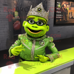 Lime Green Queen mascot costume character dressed with a Moto Jacket and Bracelets