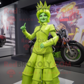 Lime Green Queen mascot costume character dressed with a Moto Jacket and Bracelets