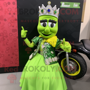 Lime Green Queen mascot costume character dressed with a Moto Jacket and Bracelets