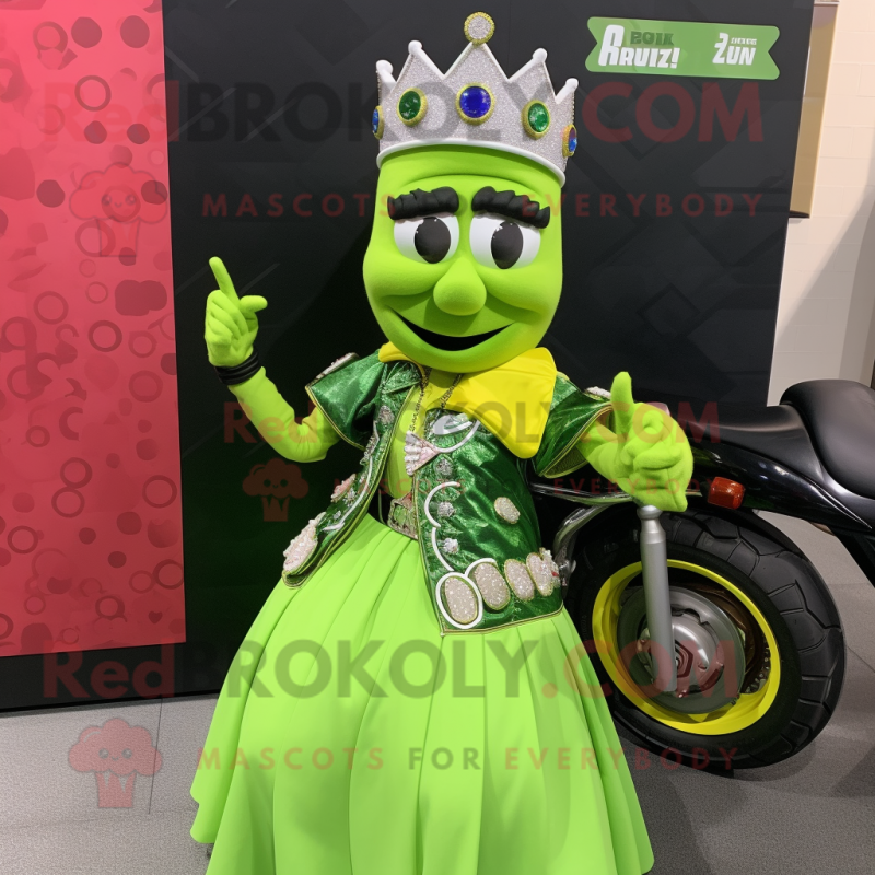 Lime Green Queen mascot costume character dressed with a Moto Jacket and Bracelets Lime Green Queen mascot costume character dressed with a Moto Jacket and Bracelets