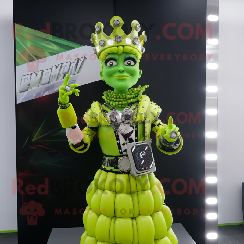 Lime Green Queen mascot costume character dressed with a Moto Jacket and Bracelets