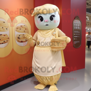 Tan Dim Sum mascot costume character dressed with a Sheath Dress and Coin purses