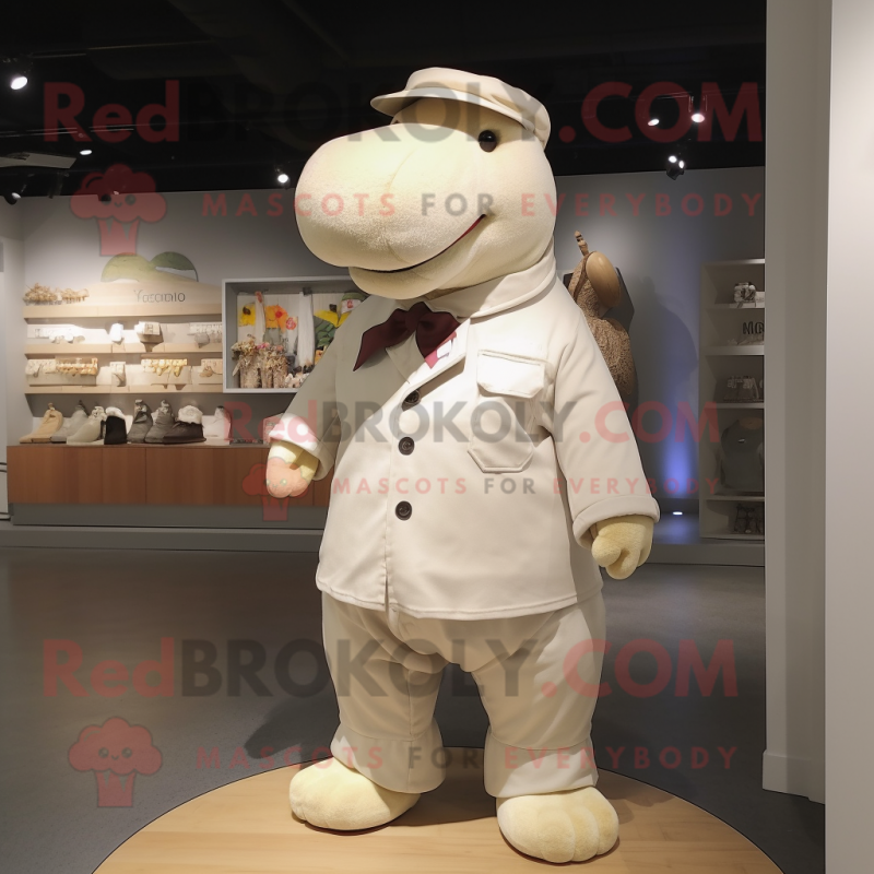 Beige Hippopotamus mascot costume character dressed with a Overalls and Hat pins