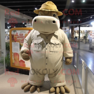 Beige Hippopotamus mascot costume character dressed with a Overalls and Hat pins