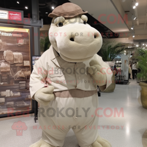 Beige Hippopotamus mascot costume character dressed with a Overalls and Hat pins