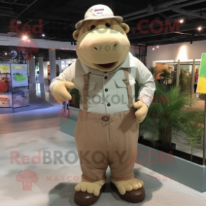 Beige Hippopotamus mascot costume character dressed with a Overalls and Hat pins