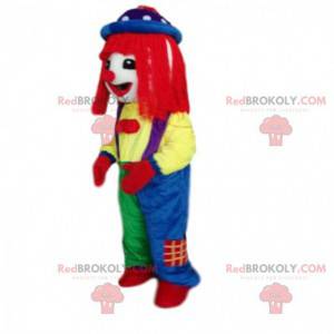 Bardzo kolorowy kostium klauna z czerwoną peruką -