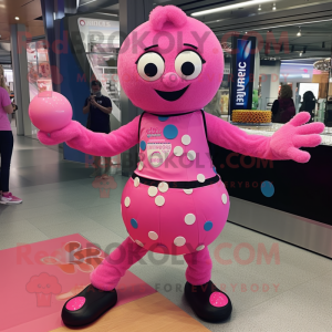Pink Juggle mascot costume character dressed with a Romper and Necklaces