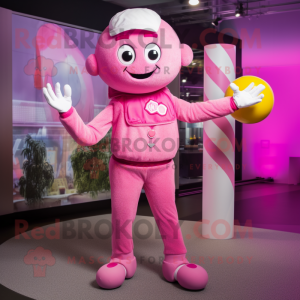 Pink Juggle mascot costume character dressed with a Romper and Necklaces