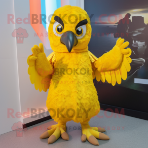 Yellow Eagle mascot costume character dressed with a Mini Dress and Mittens