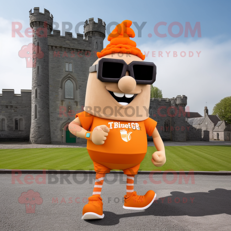 Orange Irish Castle mascot costume character dressed with a Running Shorts and Eyeglasses Orange Irish Castle mascot costume character dressed with a Running Shorts and Eyeglasses