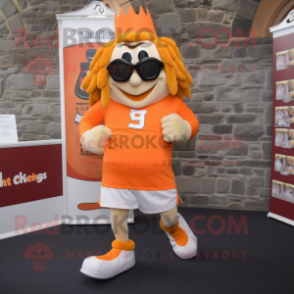 Orange Irish Castle mascot costume character dressed with a Running Shorts and Eyeglasses