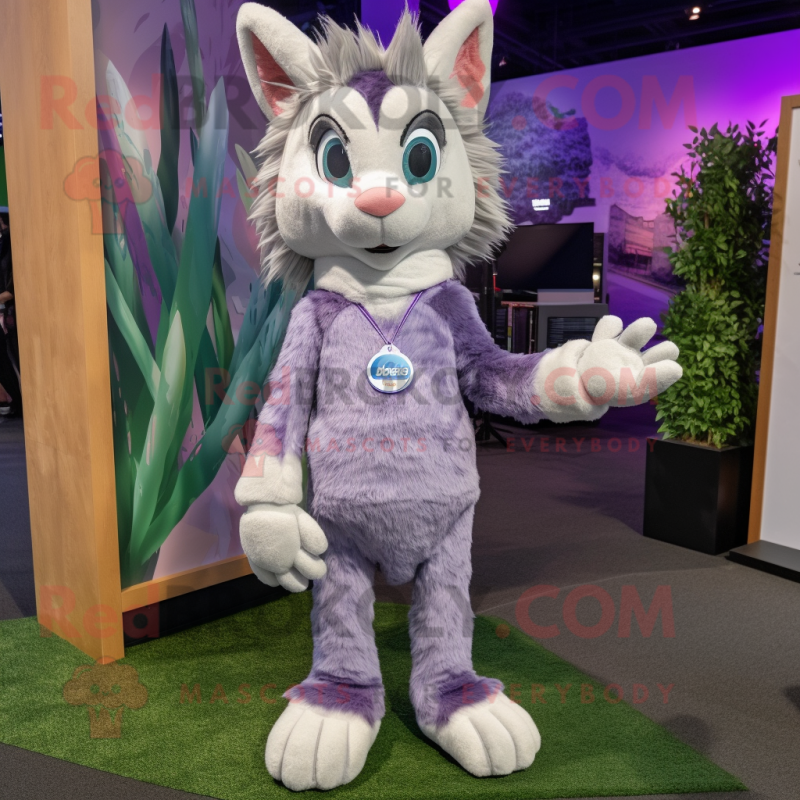 Lavender Lynx mascot costume character dressed with a Jeggings and Mittens