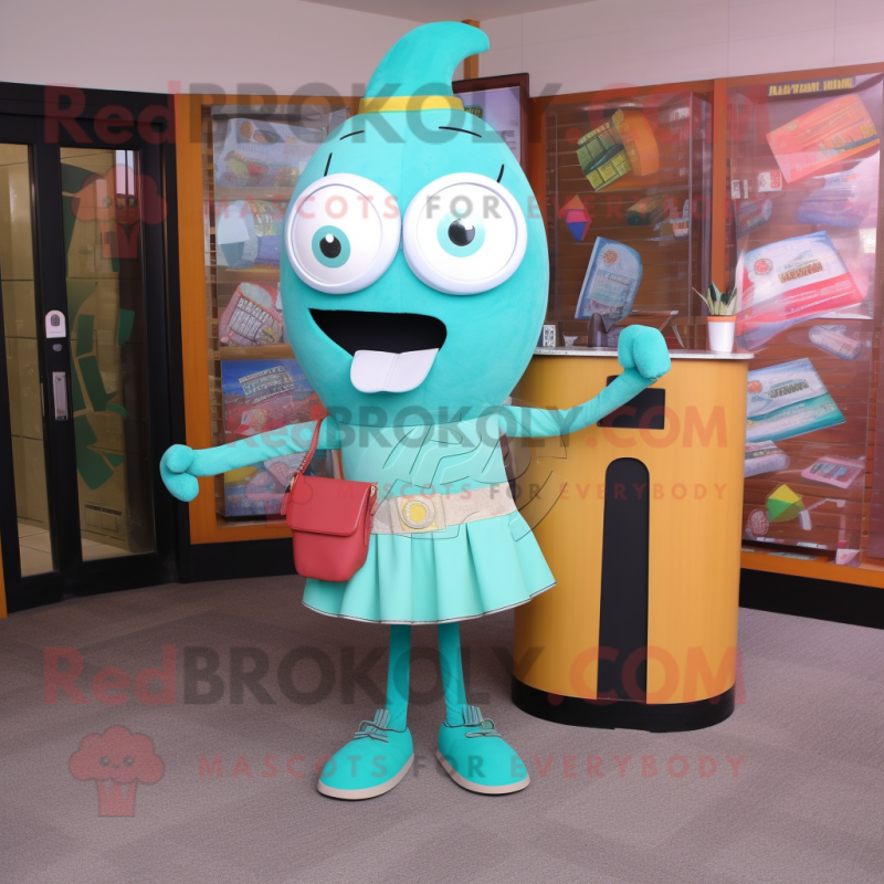 Turquoise Hourglass mascot costume character dressed with a Pencil Skirt and Tote bags