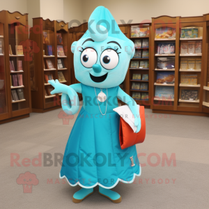 Turquoise Hourglass mascot costume character dressed with a Pencil Skirt and Tote bags