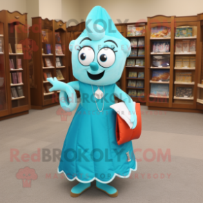Turquoise Hourglass mascot costume character dressed with a Pencil Skirt and Tote bags