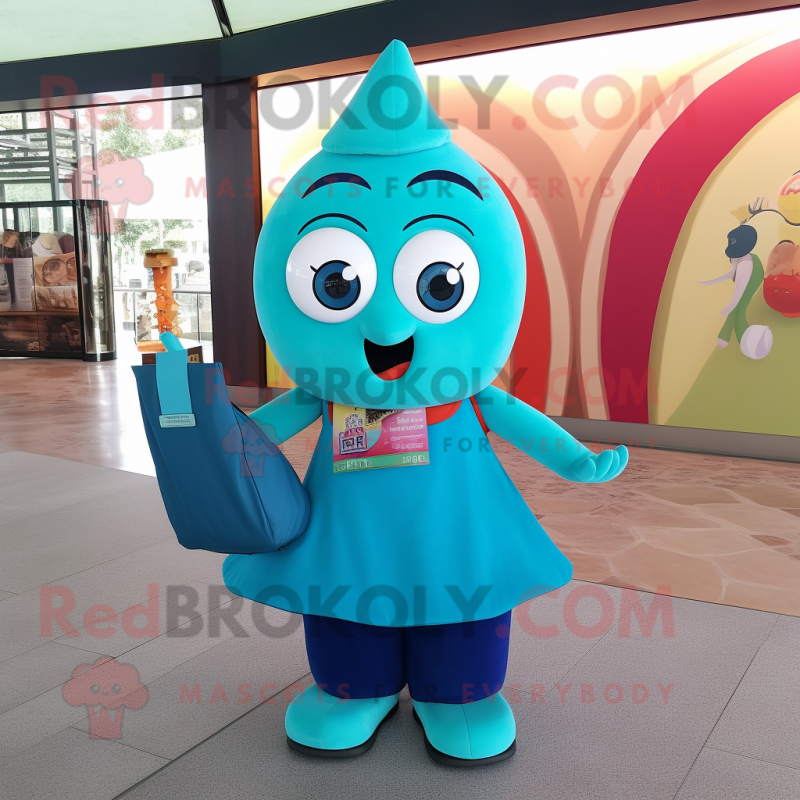 Turquoise Hourglass mascot costume character dressed with a Pencil Skirt and Tote bags