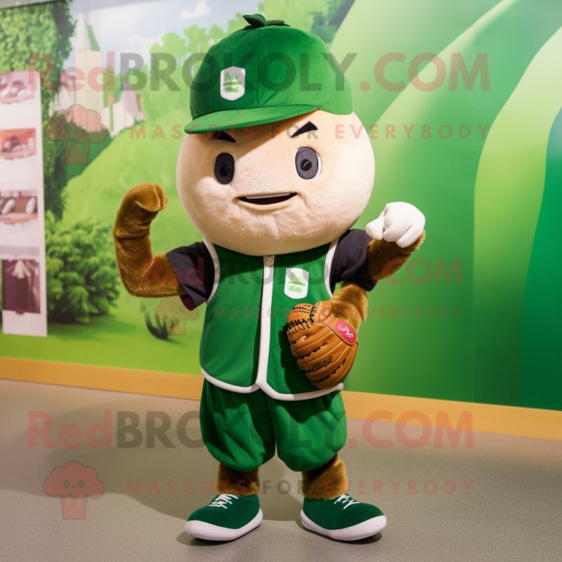 Forest Green Turnip mascot costume character dressed with a Baseball Tee and Backpacks Forest Green Turnip mascot costume character dressed with a Baseball Tee and Backpacks