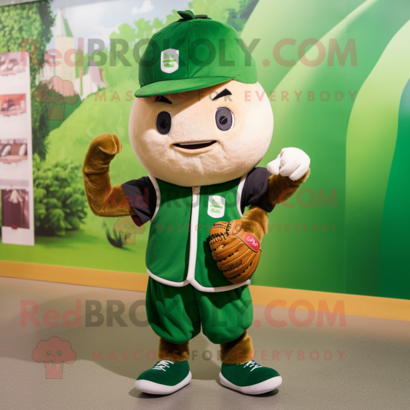 Forest Green Turnip mascot costume character dressed with a Baseball Tee and Backpacks