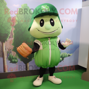 Forest Green Turnip mascot costume character dressed with a Baseball Tee and Backpacks