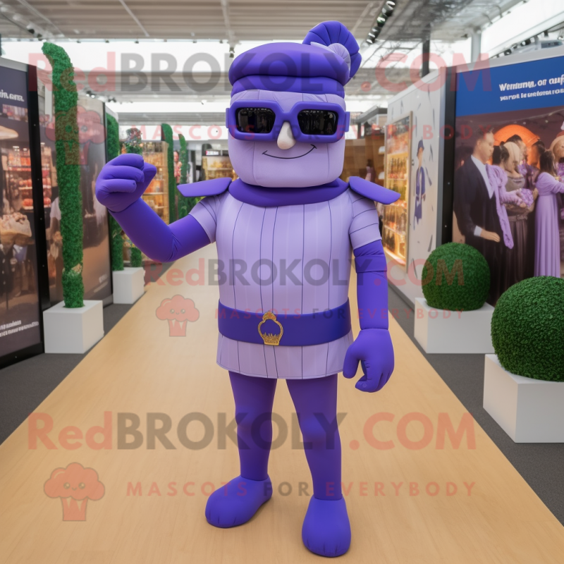 Lavender Roman Soldier mascot costume character dressed with a Bodysuit and Sunglasses