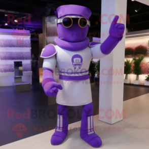 Lavender Roman Soldier mascot costume character dressed with a Bodysuit and Sunglasses