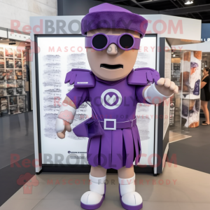 Lavender Roman Soldier mascot costume character dressed with a Bodysuit and Sunglasses