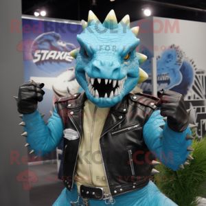 Turquoise Stegosaurus mascot costume character dressed with a Biker Jacket and Tie pins