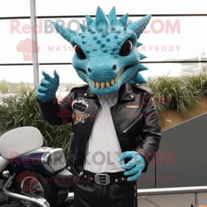 Turquoise Stegosaurus mascot costume character dressed with a Biker Jacket and Tie pins
