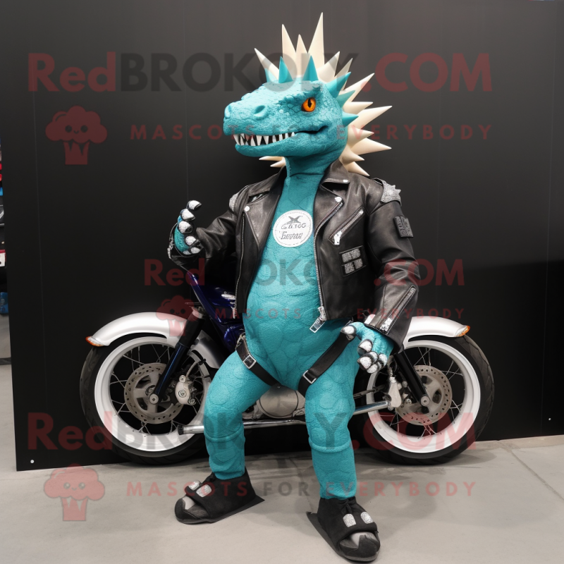 Turquoise Stegosaurus mascot costume character dressed with a Biker Jacket and Tie pins