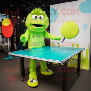 Lime Green Ping Pong Table mascot costume character dressed with a Romper and Foot pads