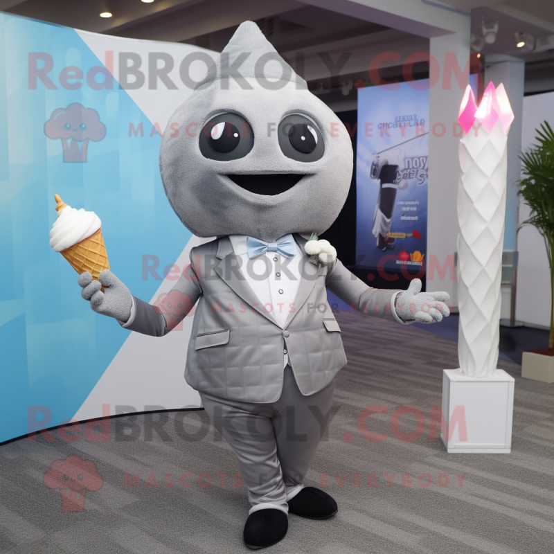 Gray Ice Cream Cone mascot costume character dressed with a Cocktail Dress and Pocket squares